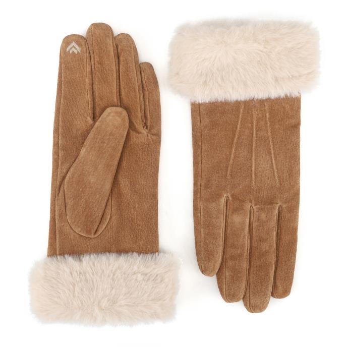 Isotoner® Ladies Three Point Suede SmarTouch™ Gloves With Faux Fur Cuff Tan Extra Image 2